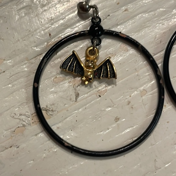 1.75” LeNoir Spoiled Rotten Lilith golden bat open hoop stud earrings - Picture 5 of 10
